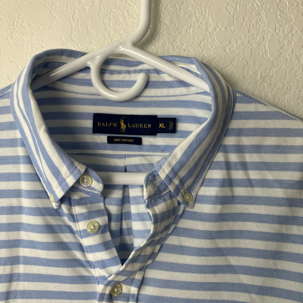 Ralph Lauren Men XL 100% Cotton Knit Oxford Polo Blue Stripe Short Sleeve Shirt